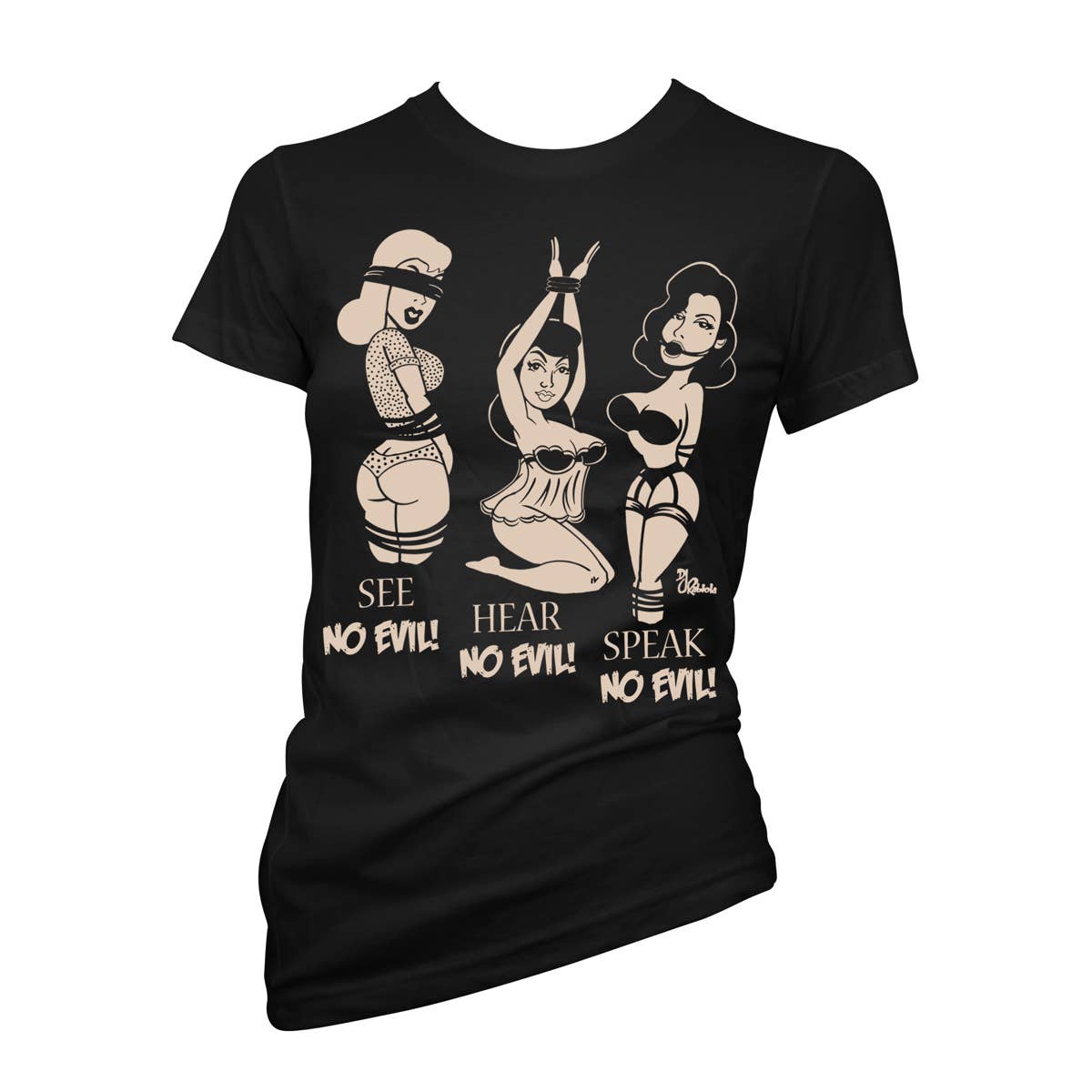 NO EVIL Vintage Pinup Graphic Print Tee: Black Cream / XL