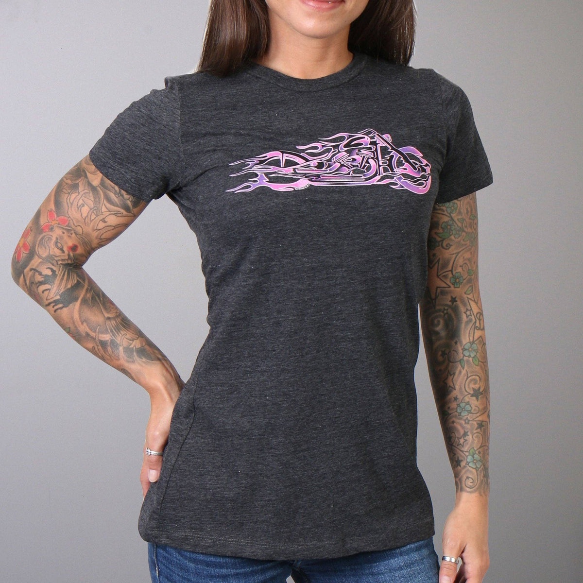 Hot Leathers Ladies Pink and Purple Fire Bobber Full Cut Motorcycle Shirt