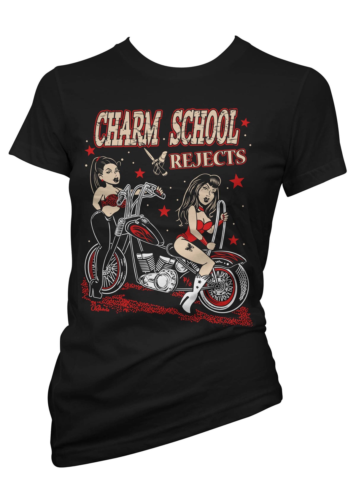 CHARM SCHOOL REJECTS: BIKER BABES Graphic Tee: Black Red / S
