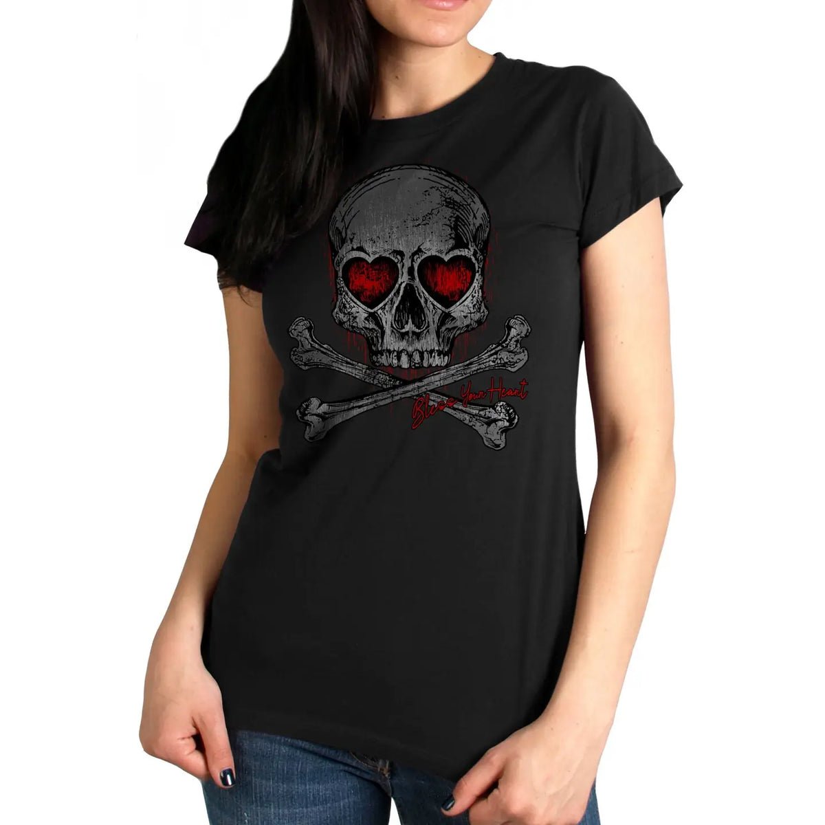 Hot Leathers Heart Eyes Skull Black T-Shirt